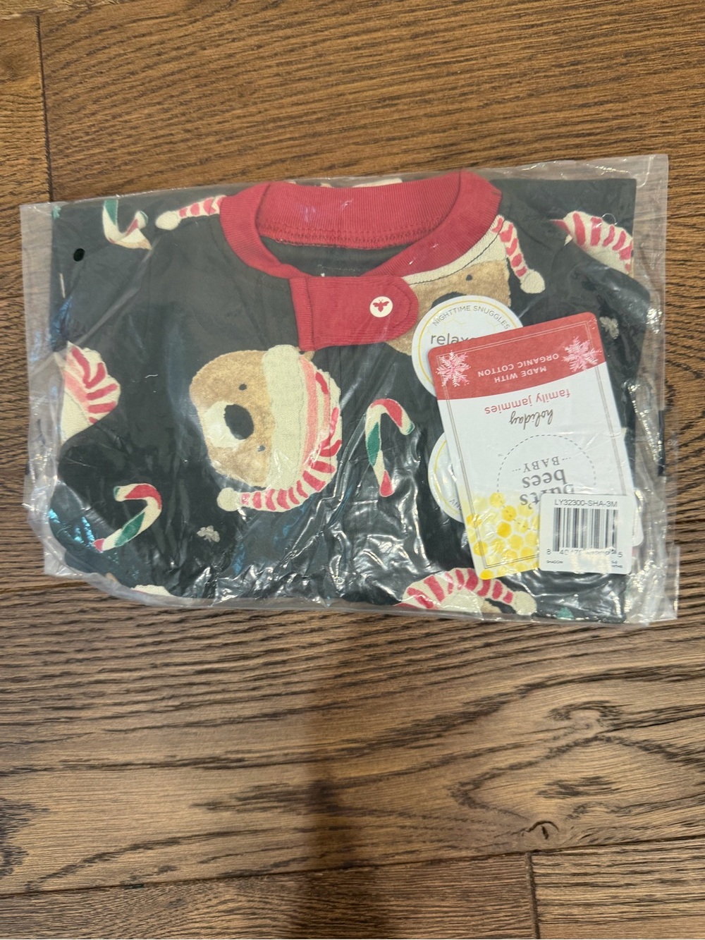 Burt's Bees Baby Black Footed One-Piece with Red Trim and Candy Cane Print